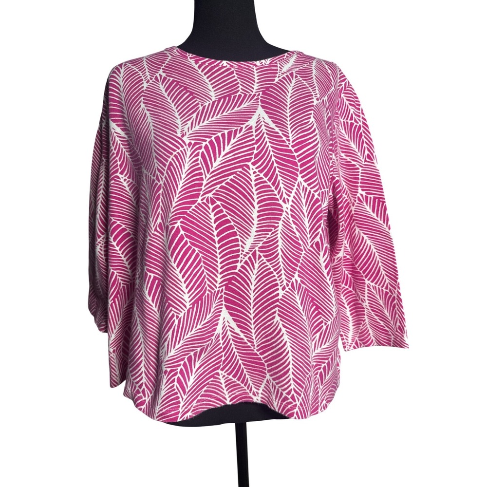 Kim Rogers Perfectly Soft Pink White Leaf Print 3/4 Sleeve Cotton Top Petite L